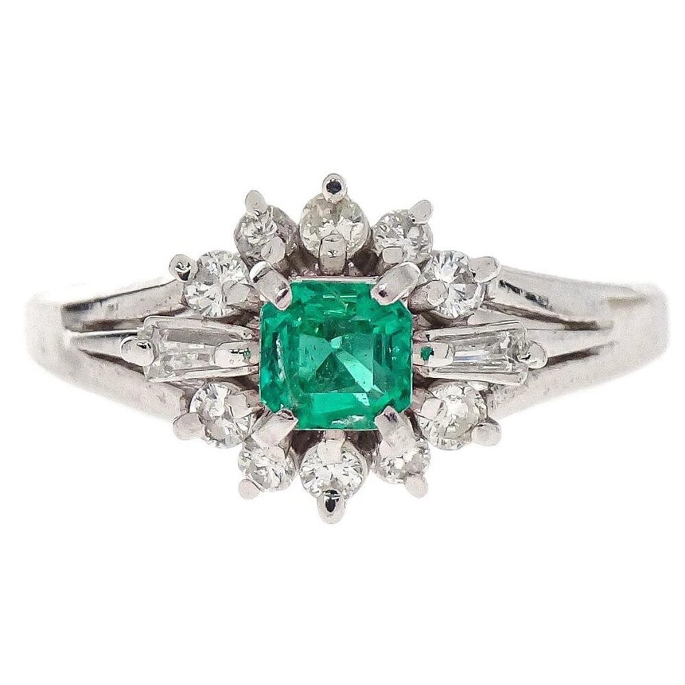 Ring Pt900 Emerald Diamond Silver #51 Jewelry 155806